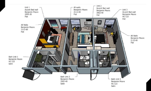 Shows a cross section of 3 units in the building, each with 1 bedroom/living room and 1 bathroom